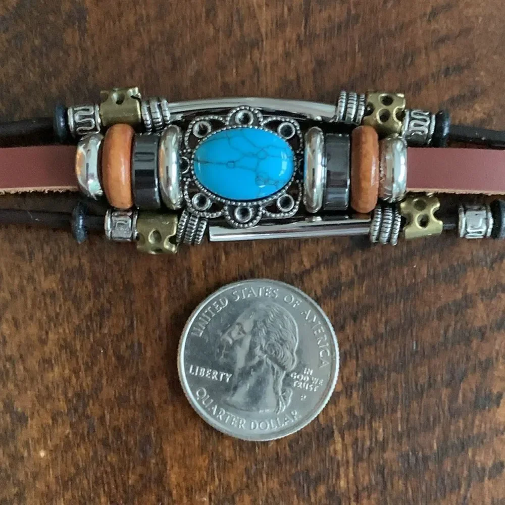 Men’s Western Multi-Strand Bracelet - Silver Tone with Faux Turquoise